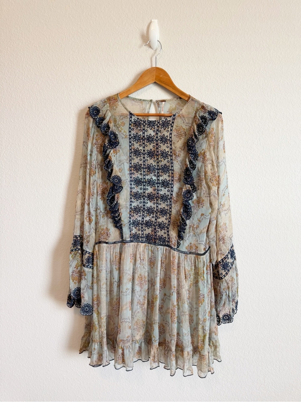 Free People Blue Mist Country Roads Boho Floral Ruffle Embroidered Mini Dress M